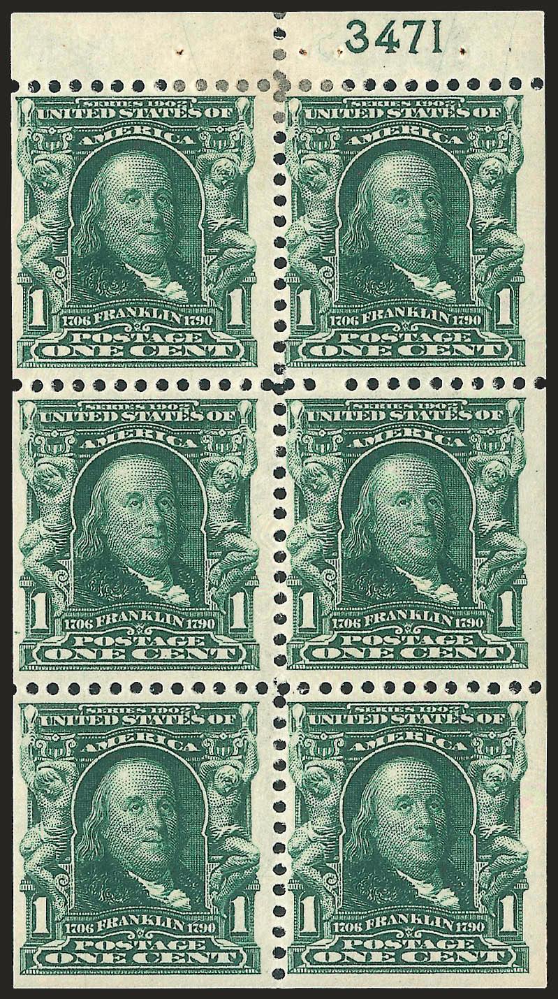 1c Blue Green, Booklet Pane of Six (300b).> Position D with plate no. 3471, single h.r. at top, rich color, Fine, listed as scarce plate no. in Durland with only 1-2 known