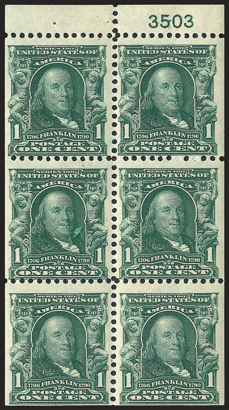 1c Blue Green, Booklet Pane of Six (300b).> Position D with plate no. 3503, single h.r. at top, center stamps Mint N.H., fresh and Fine