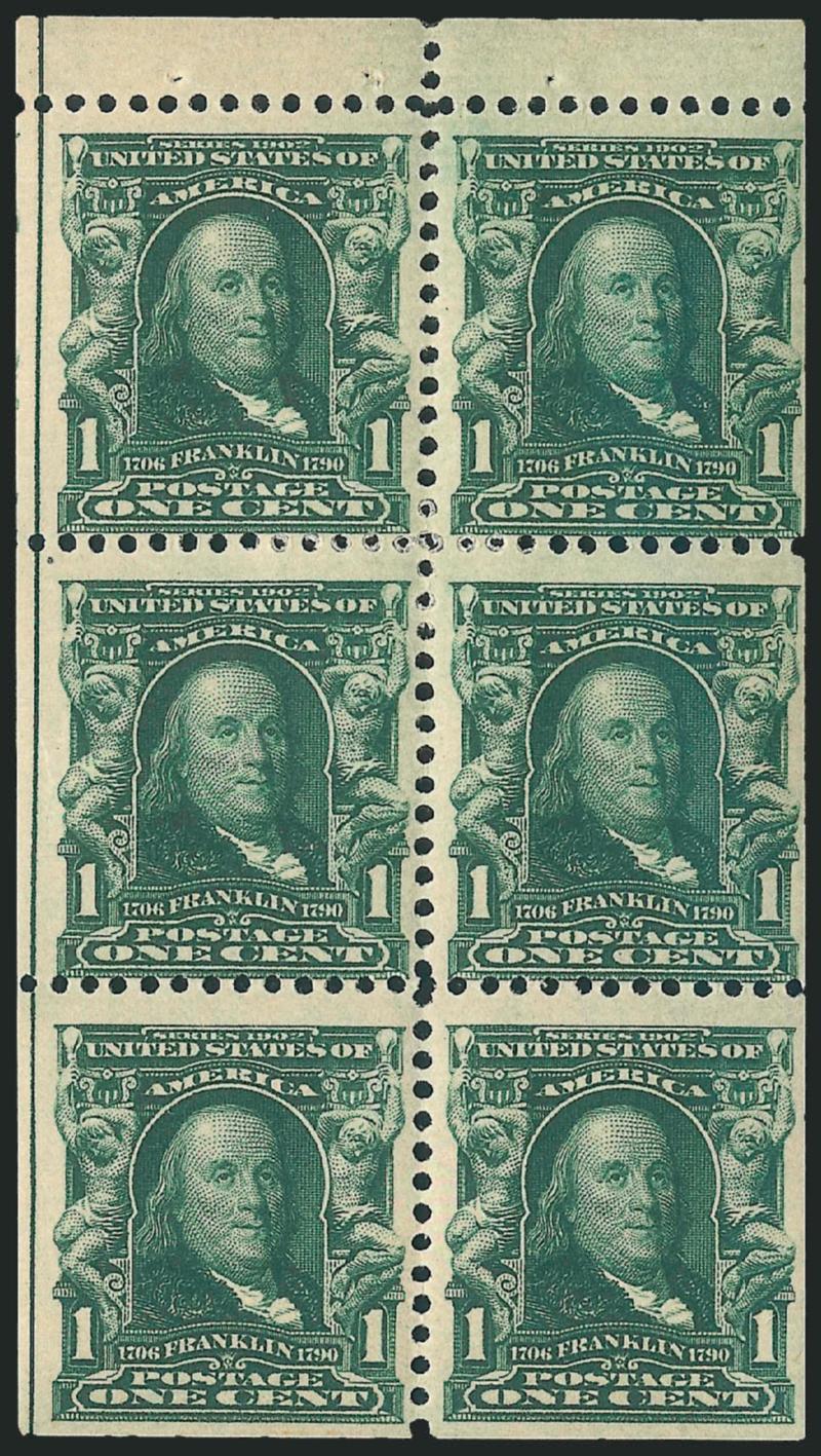 1c Blue Green, Booklet Pane of Six (300b). Position I,> single h.r., bold vertical guide line which defines the type, rich color, Fine-Very Fine, the <rarest position on the 180 subject plate,> estimated to
represent only 1.4% of the total printing,