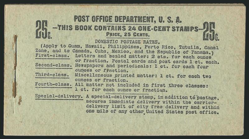 1c Blue Green, Complete 25c Booklet (BK10).> Comprising four panes of six of <No. 300b>, Position A, BIA Cover Type I-m.1, beautiful and tight front and back covers remarkably free of the usual creases, only
some slight staple rusting, panes centered