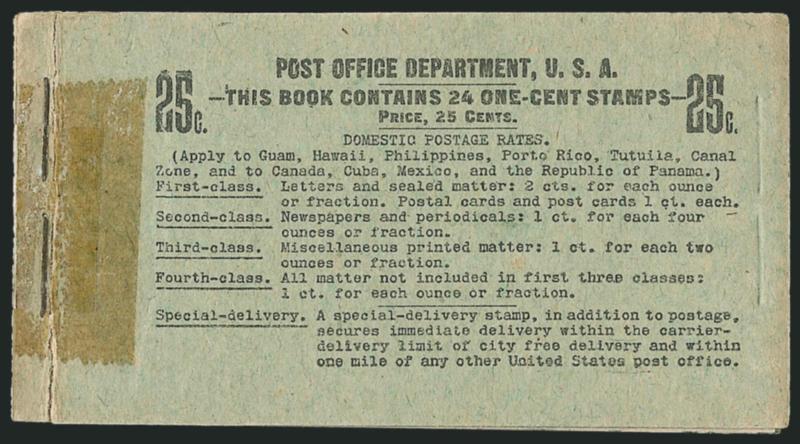 1c Blue Green, Complete 25c Booklet (BK10).> Comprising four panes of six of <No. 300b, Position E,> BIA Cover Type I-I.1, front cover cracked along the usual crease and reinforced with old scotch tape and more
recent archival tape, back with a few m