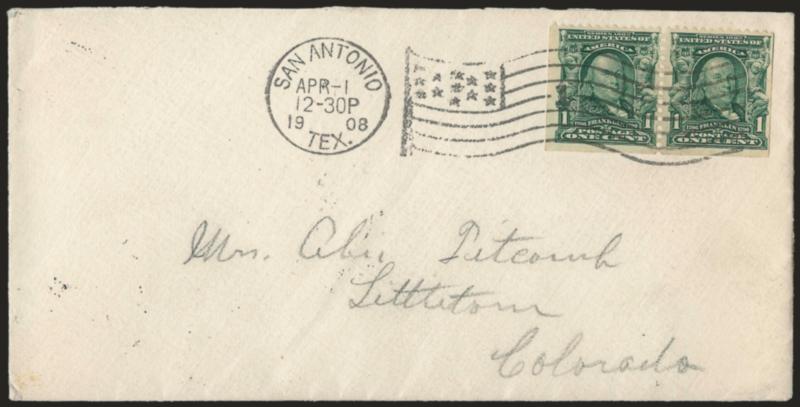 1c Blue Green, Booklet Pane Pairs (300b).> Two covers, each with booklet pane pair tied by waving flag machine cancel, first postmarked San Antonio Tex. Apr-1 12-30P 1908, second San Diego Cal. Mar 16 11-PM
1908, second with couple tiny tears and