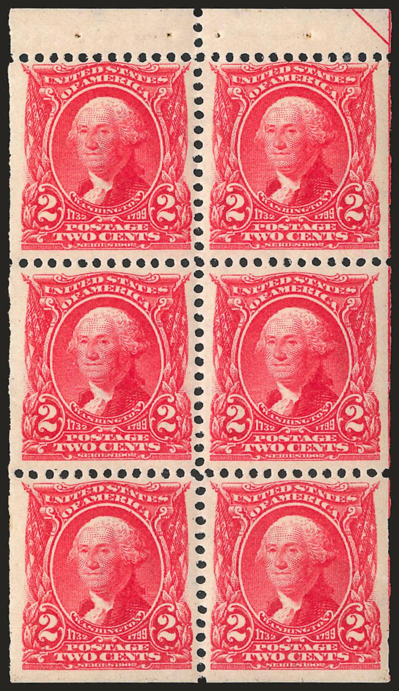 2c Carmine, Booklet Pane of Six (301c). Position B,> appears Mint N.H. but with light pencil mark on gum, clear guide line at right, brilliant color, natural gum crease affects positions three and six, still
fresh and Very Fine, scarce position which