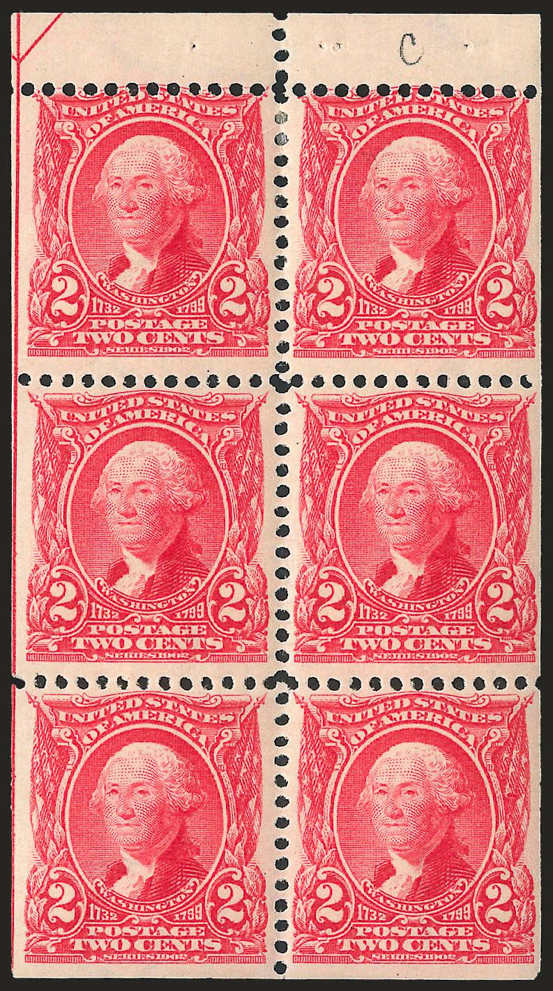 2c Carmine, Booklet Pane of Six (301c). Position C,> couple h.r., clear guide line at left, bright paper, Fine-Very Fine, desirable position which is estimated to represent only approximately 3.3% of the total
printing, Scott Retail as most common po