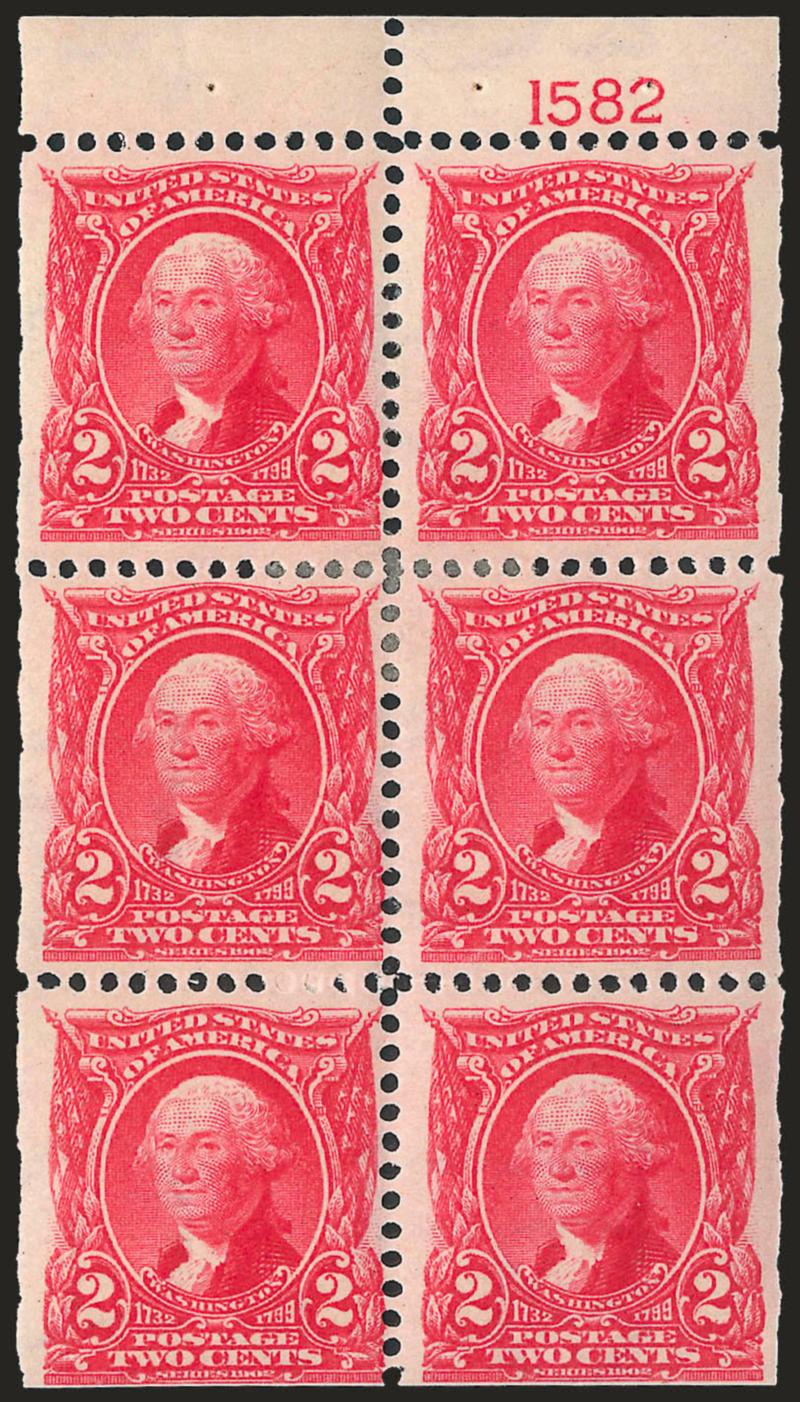 2c Carmine, Booklet Pane of Six (301c). Position D> with plate no. 1582, h.r., bottom stamps Mint N.H., vivid color and nice centering, pos. 4 small thin spot, Very Fine appearance