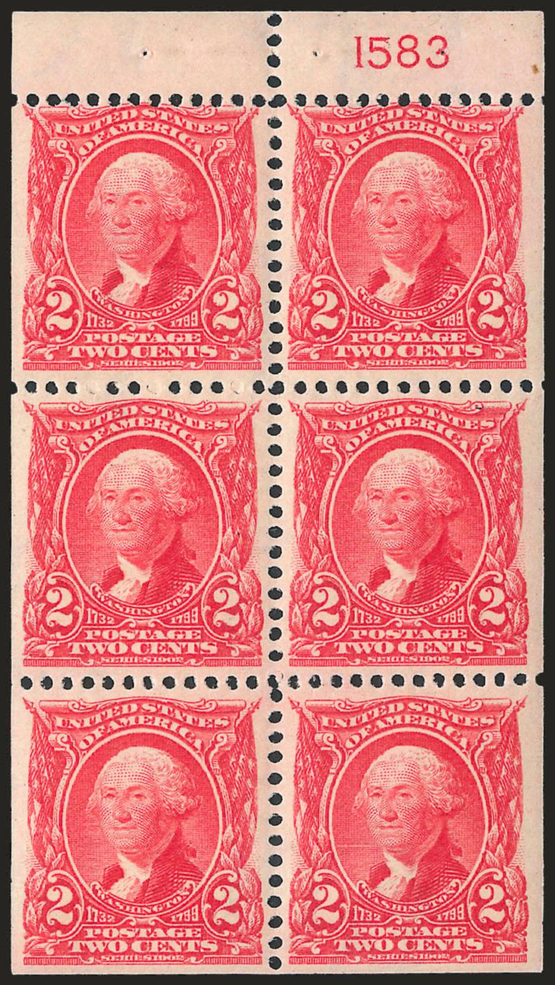 2c Carmine, Booklet Pane of Six (301c). Position D> with plate no. 1583, bright color on fresh paper, choice centering, bottom four stamps particularly nice, Very Fine, an attractive plate no. pane