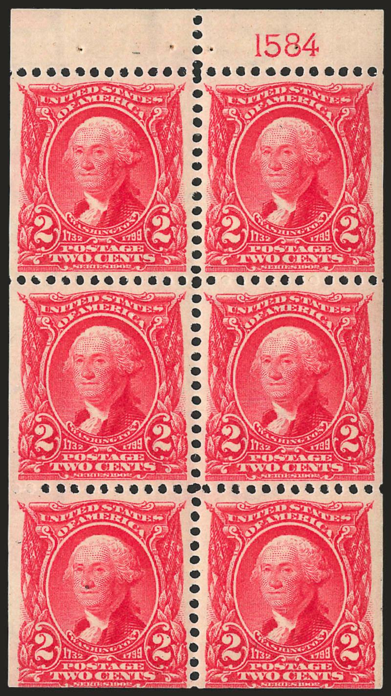 2c Carmine, Booklet Pane of Six (301c). Position D> with plate no. 1584, Mint N.H., bright color on fresh paper, beautiful centering, top four stamps particularly choice, Very Fine-Extremely Fine, a gorgeous
plate no. pane, Position D with plate no.
