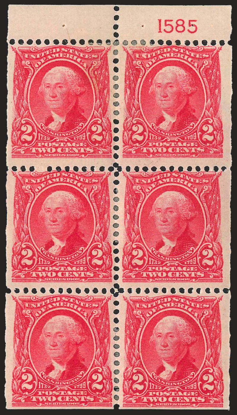 2c Carmine, Booklet Pane of Six (301c). Position D> with plate no. 1585, few h.r., margins clear to wide, irregular edges as often seen on early booklet panes, Fine-Very Fine, listed as a scarce plate no. in
Durland with only 3-5 known