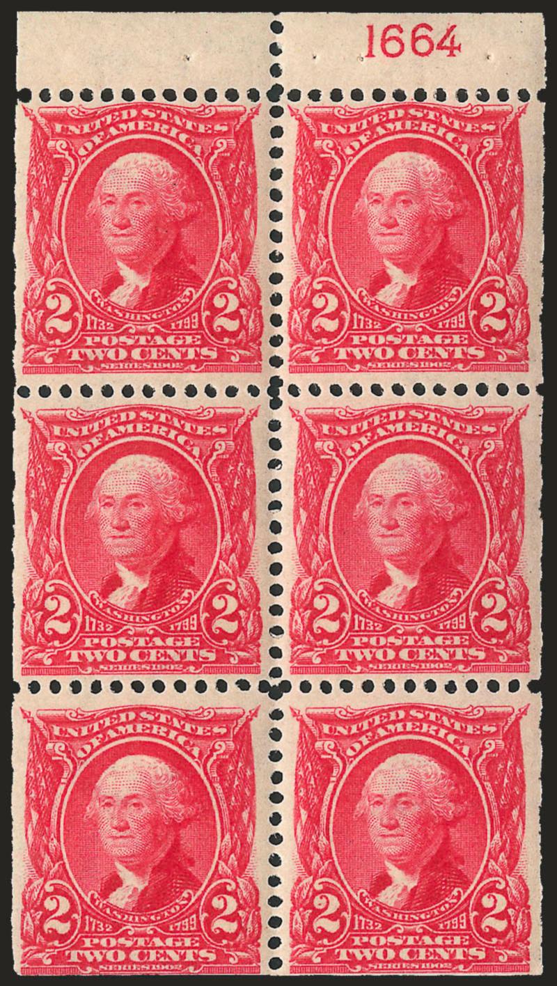 2c Carmine, Booklet Pane of Six (301c). Position D> with plate no. 1664, lightly hinged, vibrant color, lovely centering for this tightly spaced booklet, Very Fine and choice, listed as a scarce plate no. in
Durland with only 3-5 known