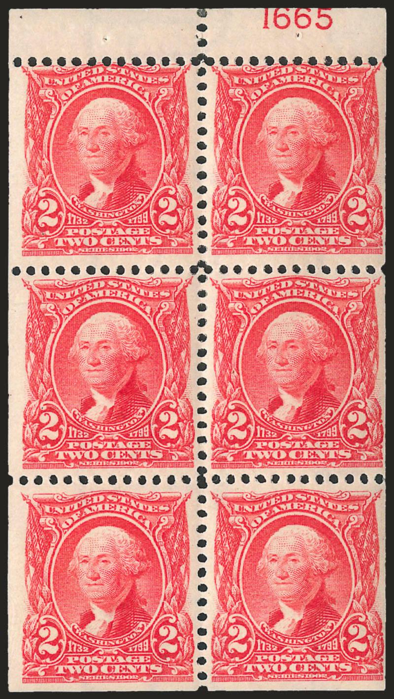 2c Carmine, Booklet Pane of Six (301c). Position D> with plate no. 1665, h.r., pretty soft shade distinctly lighter than the others in this group, Fine-Very Fine, listed as scarce plate no. in Durland with only
3-5 known