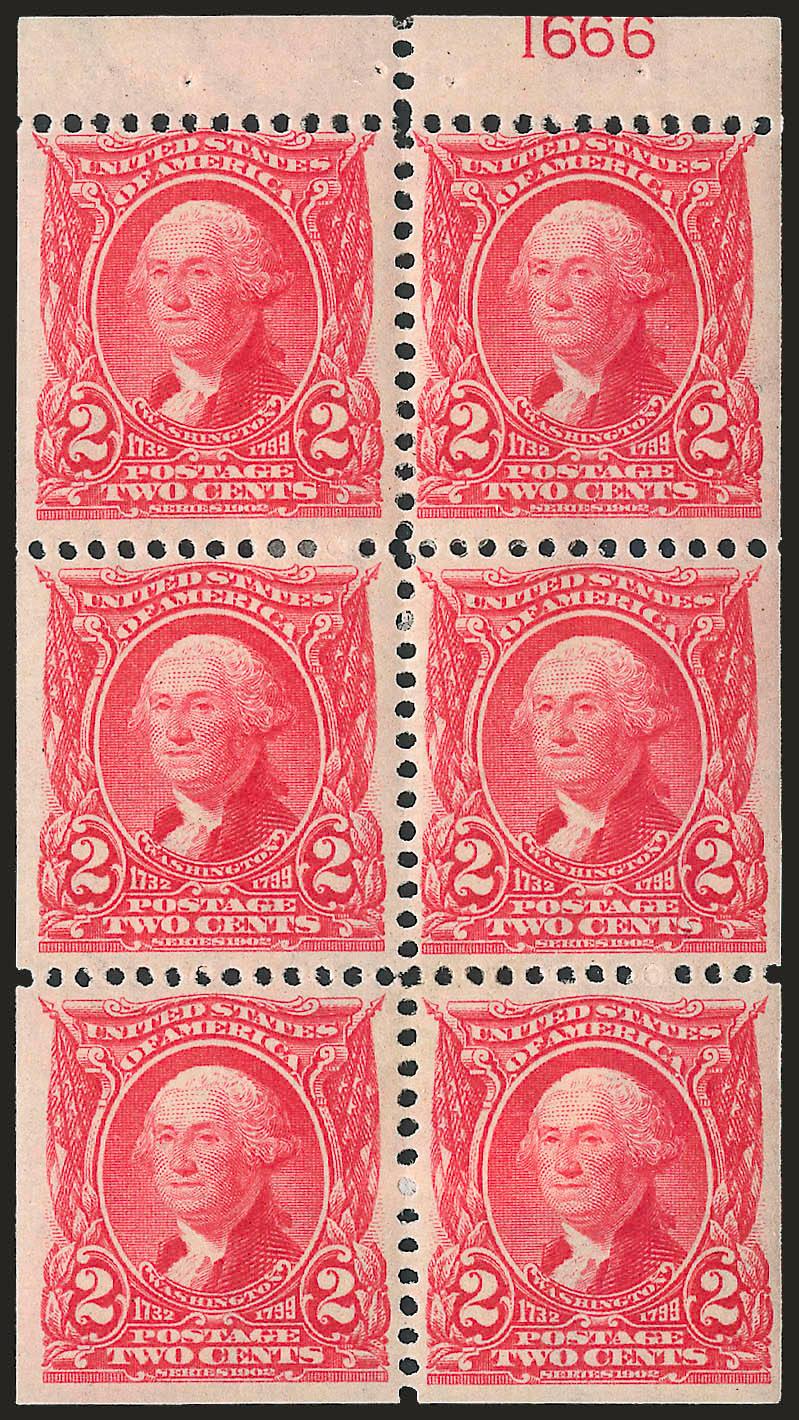 2c Carmine, Booklet Pane of Six (301c). Position D> with plate no. 1666, h.r. and a small paper adherence on gum of one, bottom four stamps with beautiful centering, Fine-Very Fine, it is nearly impossible to
have all six stamps well-centered on thes