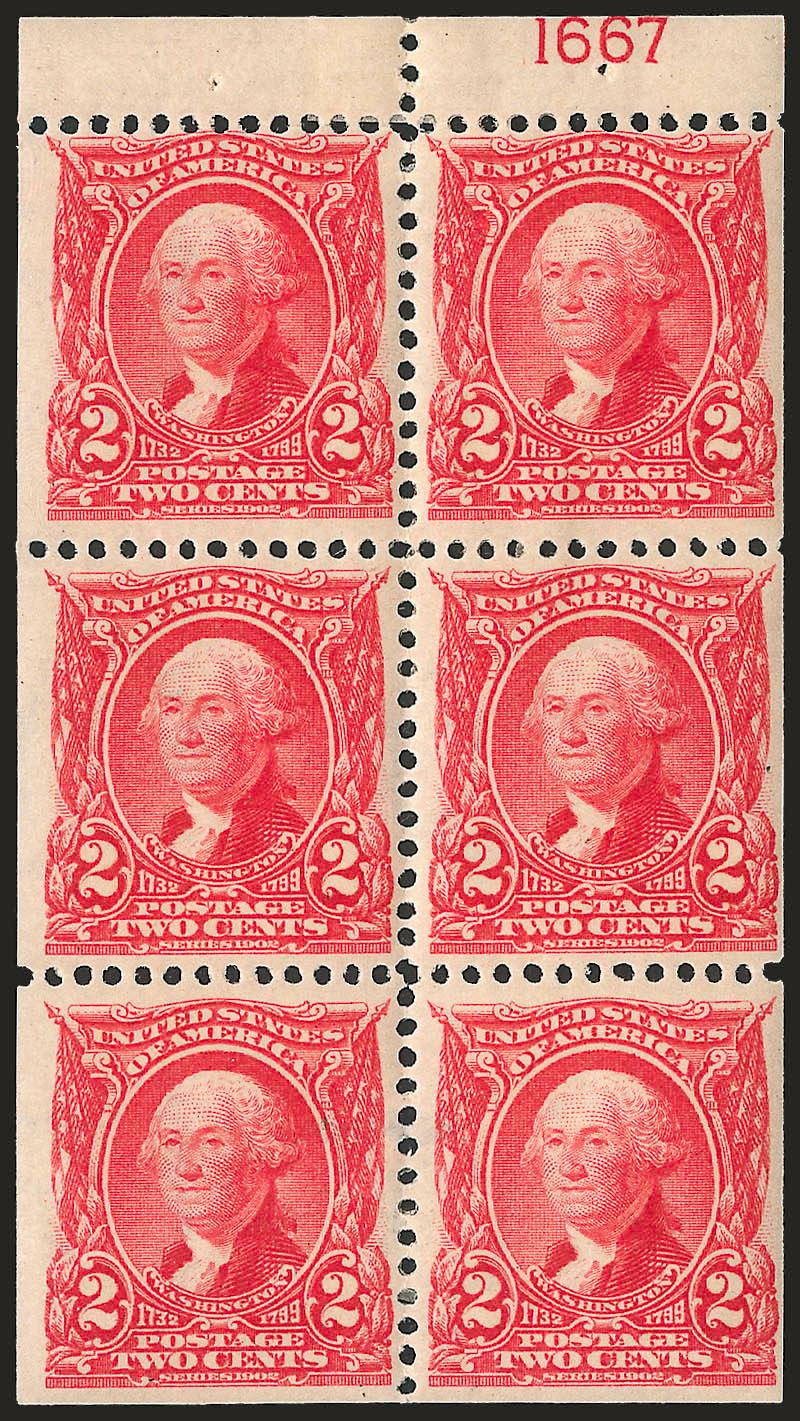 2c Carmine, Booklet Pane of Six (301c). Position D> with plate no. 1667, bit heavy h.r., pretty shade, thin spot through lower pair, Fine-Very Fine appearance, listed as scarce plate no. in Durland with only
3-5 known