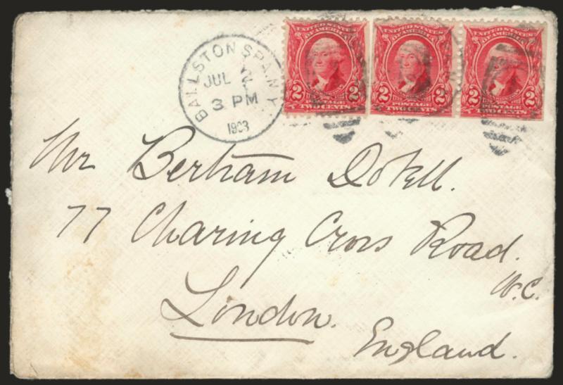 2c Carmine, Booklet Pane Pair (301c).> Pair and single, tied by three strikes of Ballston Spa. N.Y. Jul 2 3 PM 1903 duplex cancel, on cover to London, back with New York Foreign Branch circular datestamp, some
edge wear and light soiling, otherwise