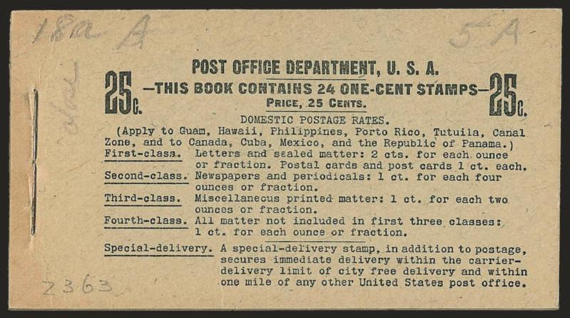 1c Green, Complete 25c Booklet (BK18).> Comprising four panes of six of <No. 331a,> Position A, BIA Cover Type I-n.1, crisp covers with only a light bend at the staples, panes with Fine centering, fresh and
Very Fine complete booklet