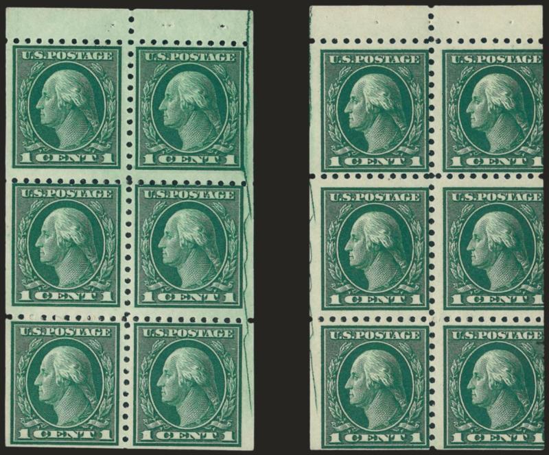 1c Green Booklet Pane of Six, Cracked Plate (462a).> Two panes of six showing crack at right and left (former complete crack), one light gum crease, scarce and desirable variety, it has been determined from
checking the proof sheets that these come f