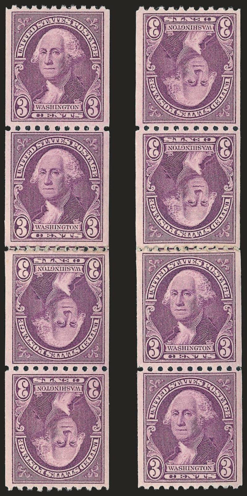 3c Deep Violet, Coil (722).> Two strips of four, each with government splice between pos. 2 and 3, one top to top and other bottom to bottom orientation, joint line on one stamp in each strip (not joint line
strips), Fine-Very Fine, fascinating varie