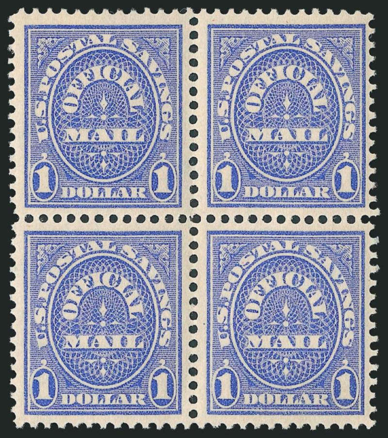 1c-$1.00 1910-11 Official Postal Savings (O121-O126).> Complete used and unused singles (Nos. O125-O126 unused (no gum) and unused 2mm and 3mm blocks of four complete less O122 3mm and O125 2mm blocks,
Fine-Very Fine lot