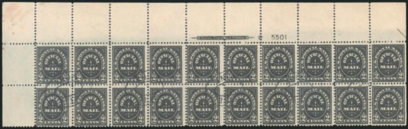1c, 2c and 10c 1910-11 Official Postal Savings (O121, O124, O126).> Top or bottom imprint, hollow star and plate no. blocks of 20, first and last with Butte Mont. double oval cancels, 1c with Portland Oregon
double ovals, nearly all Fine-Very Fin