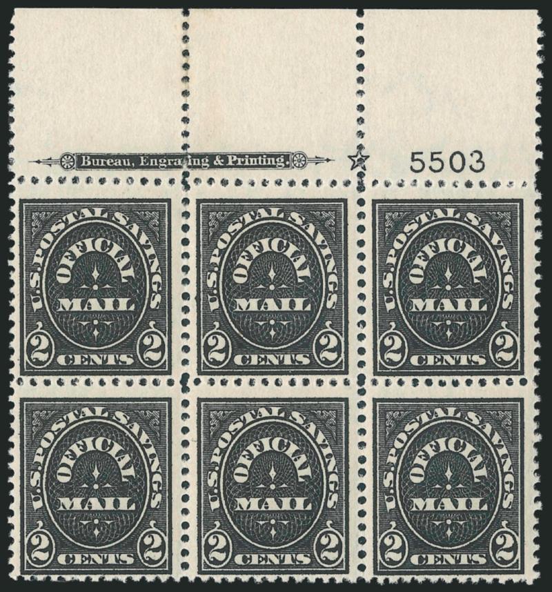 2c Black, Official Postal Savings (O121).> Mint N.H. top and right imprint, hollow star and plate no. 5503 blocks of six, Fine