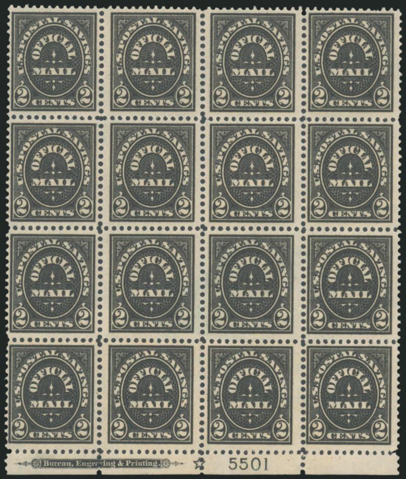 2c Black, Official Postal Savings (O121).> Imprint, hollow star and plate no. 5501, incl. bottom plate block of 16, right plate block of six and left strip of three, both blocks Mint N.H., strip stamps Mint
N.H., Fine-Very Fine