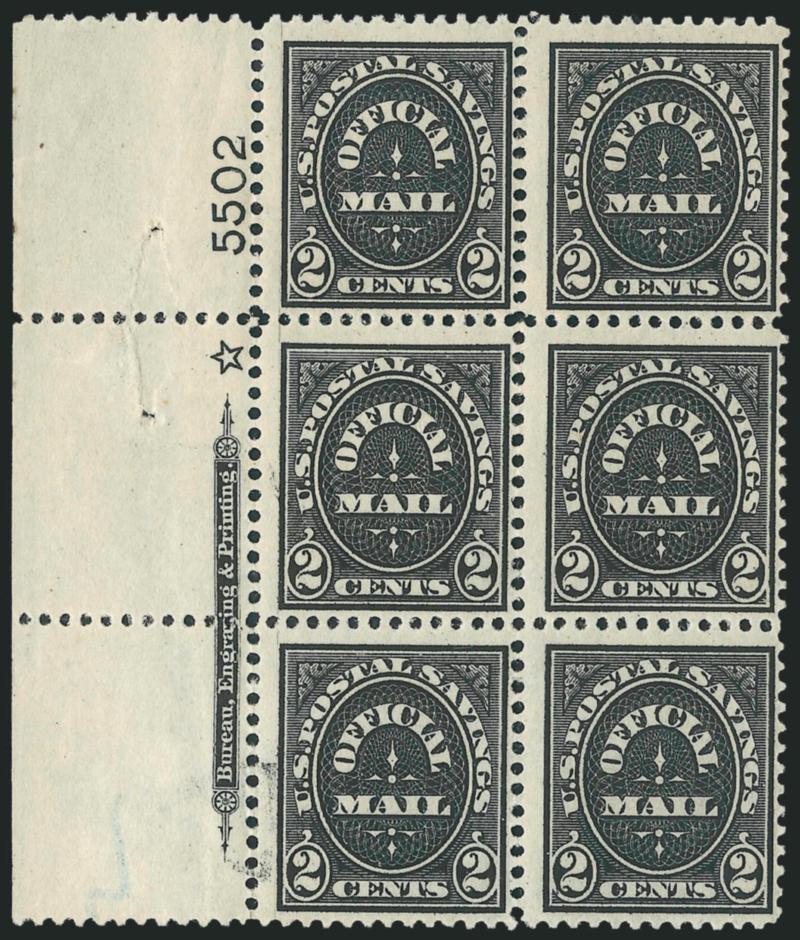 2c Black, Official Postal Savings (O121).> Left and right imprint, hollow star and plate no. 5502 blocks of six, one with selvage paper remnant, about Fine