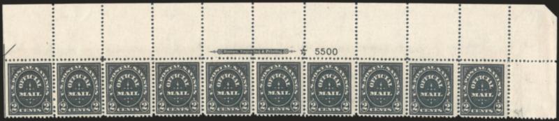 2c Black, Official Postal Savings (O121).> Mint N.H. top imprint, hollow star and plate no. 500 strip of ten, Fine