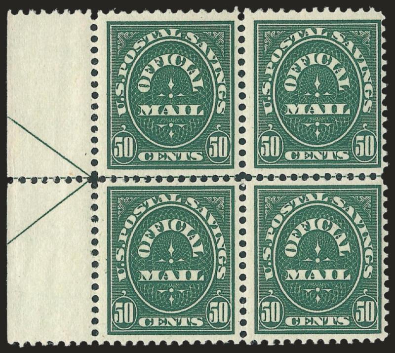 50c Dark Green, Official Postal Savings (O122).> Two 3mm spacing blocks of four (one with left arrow selvage) and bottom imprint, hollow star and plate no. 5614 strip of three, stamps in strip lightly creased
across top, otherwise Fine-Very Fine