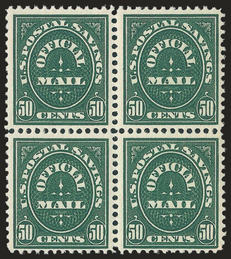 50c Dark Green, Official Postal Savings (O122).> Mint N.H. block of four, 3mm spacing, rich color, Fine-Very Fine, Scott Retail as Mint N.H. singles