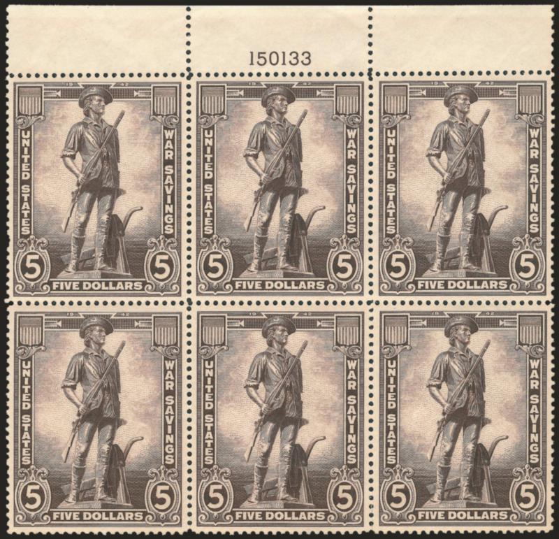 $5.00 Violet Brown, War Savings (WS11).> Mint N.H. matching top and bottom plate no. 150133 blocks of six, Very Fine