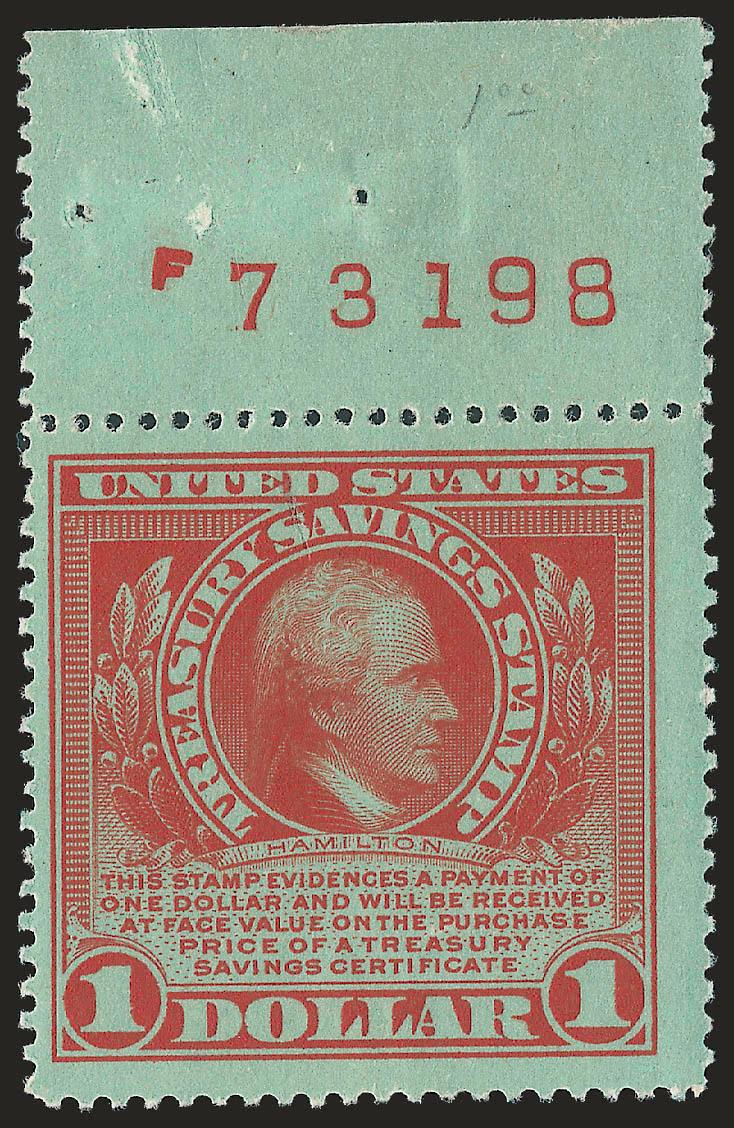 $1.00 Red on Green, Treasury Savings (TS1).> Top plate no. F73198 single, faintly hinged, wide margins, beautiful color combination, Fine and very scarce, there are no known plate no. blocks of six of this
stamp