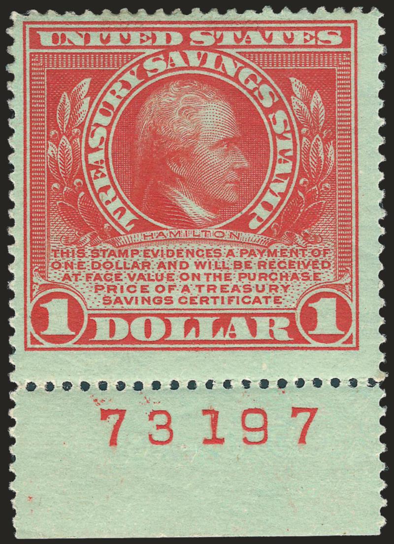 $1.00 Red on Green, Treasury Savings (TS1).> Bottom plate no. 73197 single, rich color on nicely tinted paper, thin spot, Fine appearance, very scarce, there are no known plate no. blocks of six of this
issue