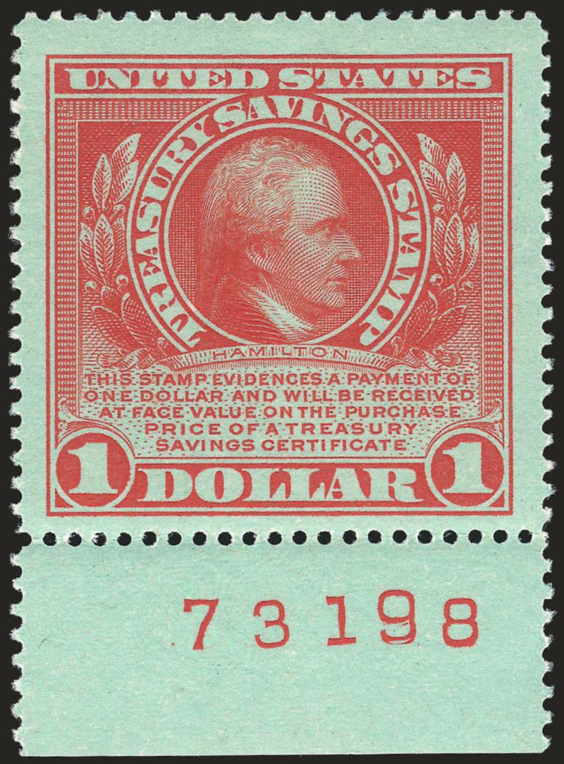 $1.00 Red on Green, Treasury Savings (TS1).> Bottom plate no. 73198 single, h.r., three huge margins to ample at bottom, Very Fine and choice, scarce, there are no known plate no. blocks of six of this
issue