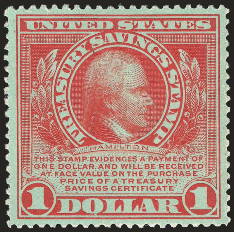 $1.00 Red on Green, Treasury Savings (TS1).> Well-centered, gum covered thin spot and reperfed, Very Fine appearance, scarce