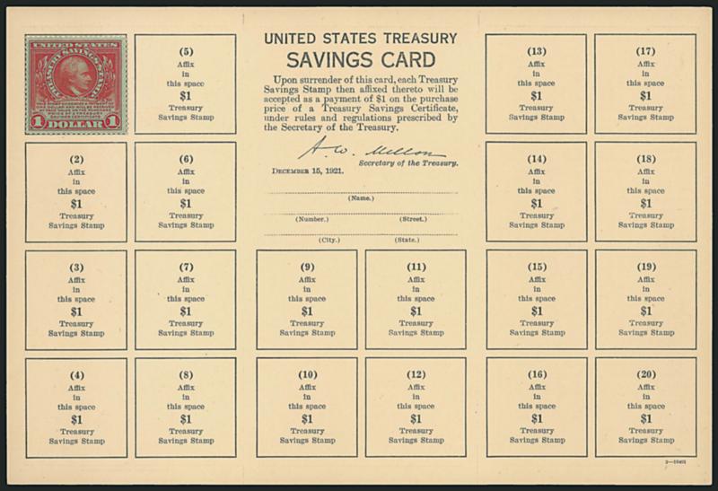 $1.00 Red on Green, Treasury Savings (TS1).> Single affixed on savings card, also another savings card without stamp, Fine, Scott Retail as no gum with no premium for the cards