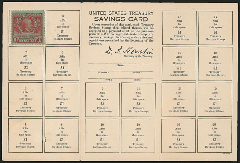 $1.00 Red on Green, Treasury Savings (TS1).> Single affixed on savings card, also another savings card without stamp, Fine, Scott Retail as no gum with no premium for the cards