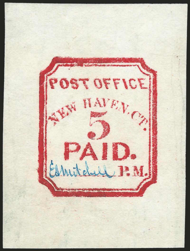 New Haven Conn., 5c Vermilion, Peets Reprint (8XU1R).> 41 x 55mm, dark blue original signature of E. A. Mitchell, according to Scott Catalogue, 30 reprints were made in 1874 for Cyrus B. Peets, the Chief Clerk
for Mitchell, Very Fine and choice, wi