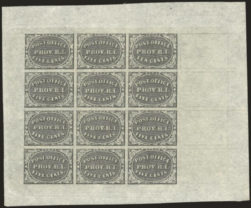 Providence R.I., 5c & 10c Gray Black, Bogert & Durbin Second Reprint Sheet of Twelve (10X1-10X2R).> With printing on reverse and printed in 1898, without gum as issued, large margins, bright shade, fresh and
Very Fine, only 171 sheets printed