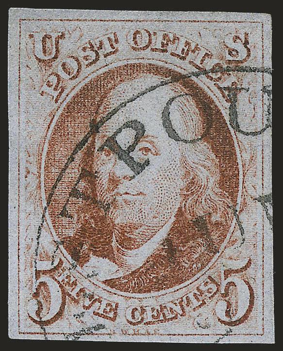 5c Red Brown (1).> Full well-balanced margins, rich color, cancelled by <black West Poultney Vt. circular datestamp,> Very Fine and choice, an exceptionally rare 5c 1847 postmarked at West Poultney -- which did
not receive shipments of the 1847 Issue