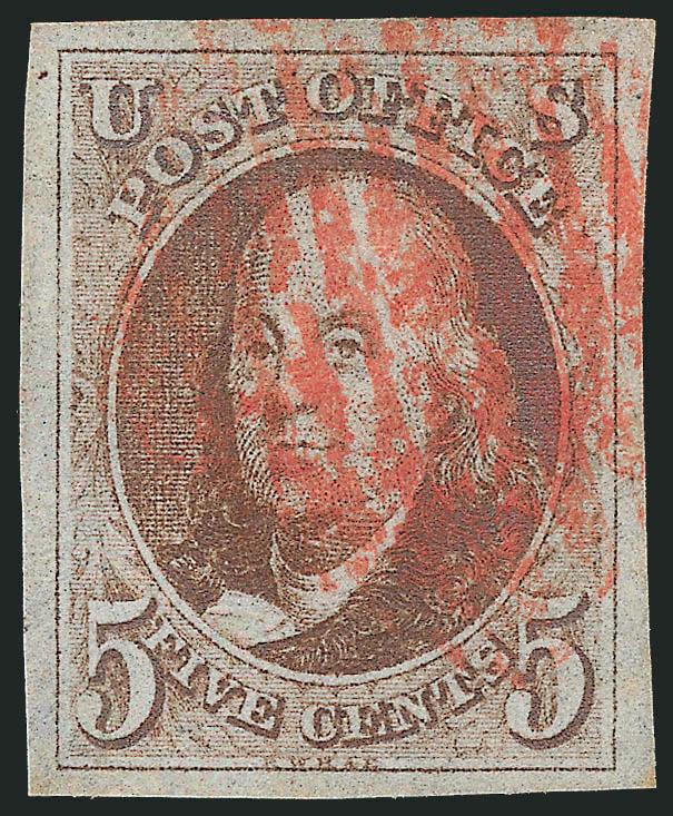 5c Red Brown (1).> Large to huge margins all around, pretty shade nicely complemented by red New York square grid cancel, Extremely Fine, with 1982 P.F. certificate