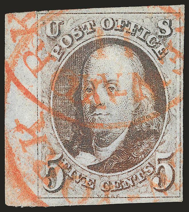 5c Red Brown (1).> Large to clear margins incl. sheet margin at left, cancelled by two clear strikes of <orange-red New-York circular datestamp used on ocean mail,> Very Fine and choice, a striking stamp, with
2001 P.F. certificate