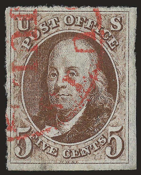 5c Dark Brown (1a).> Ample to huge margins, intense color and clear impression, <red St. Louis circular datestamp,> trivial soiling spot in bottom margin, otherwise Very Fine and choice