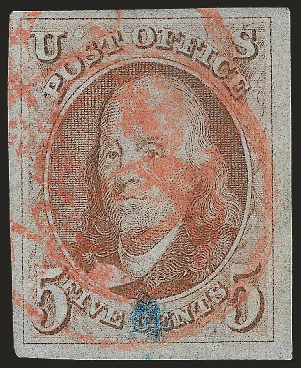 5c Red Brown (1).> Large margins, attractive color, cancelled by <red numeral 6 in circle,> additional blue cancel at bottom, Very Fine and choice, with 2010 P.F. certificate