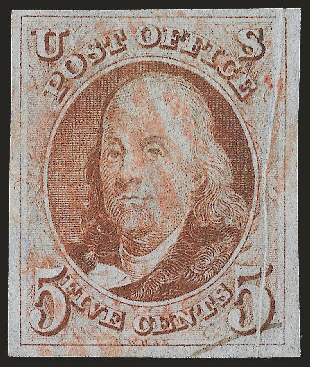 5c Red Brown (1).> Ample to huge margins, light red grids, <vertical pre-print paper fold at right,> trivial stray ms. line at bottom from address, Very Fine