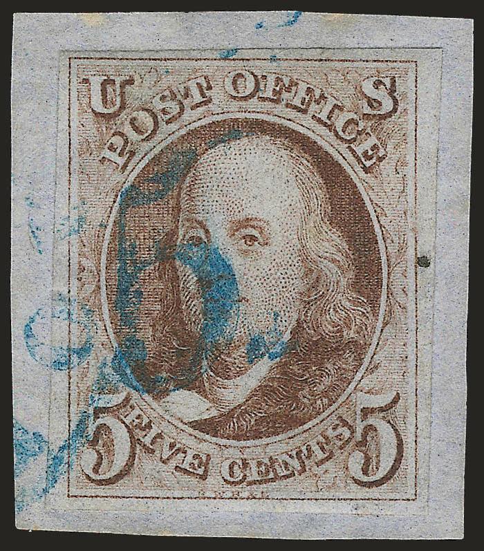 5c Brown (1).> Three large to huge margins, ample to large at top, <blue numeral 5> cancel, tied by matching edge of circular datestamp on small piece, tiny speck of ms. in right margin, Very Fine