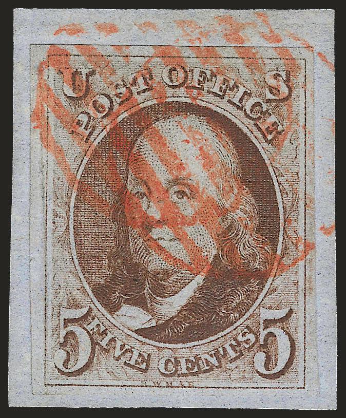 5c Red Brown (1).> Large balanced margins, tied by circular red grid cancels on small piece, rich color and fine impression, barely noticeable crease at left, Extremely Fine appearance, with 1988 P.F.
certificate that does not mention the crease