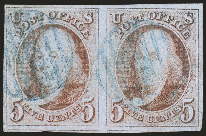 5c Red Brown (1).> Horizontal pair, ample to large margins showing most of framelines of adjoining stamps at bottom, light blue grid cancels, Very Fine-Extremely Fine, with 1991 P.F. certificate