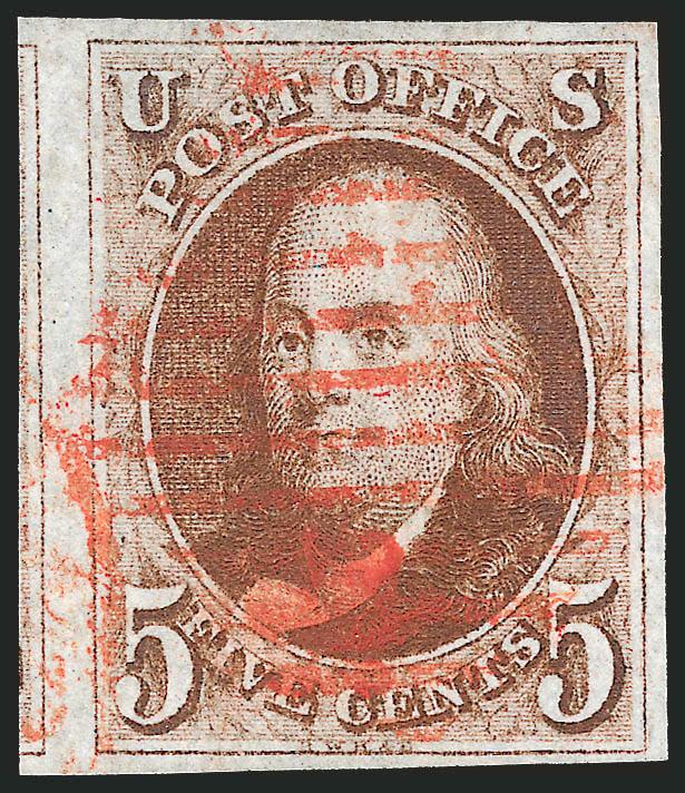 5c Orange Brown (1b).> Huge margins to full incl. part of adjoining stamp at left, brilliant color, neat strikes of red New York square grid and circular datestamp, Very Fine and choice, with copy of 1975 P.F.
certificate as Brown Orange, with 2009 P