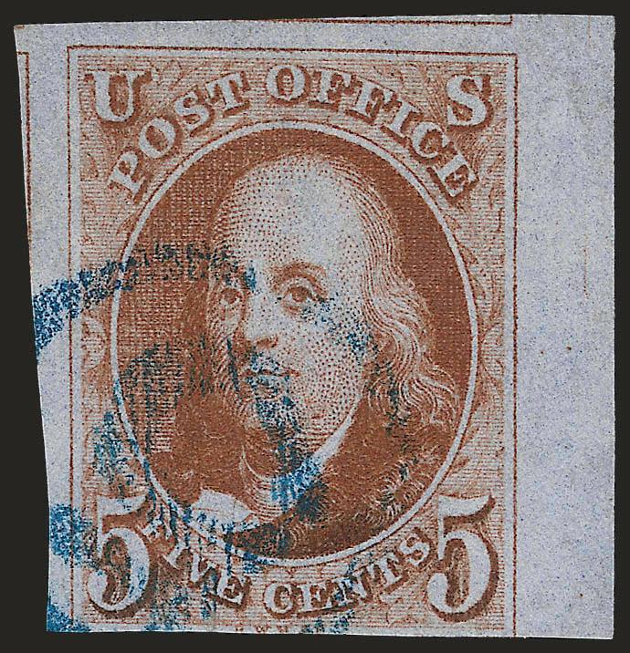 5c Orange Brown (1b).> Three huge margins showing small parts of adjoining stamps at left and top, sheet margin at right, barely into frameline at bottom, dazzling strong color and early impression, <blue
numeral 5 in circle> cancel, about Fine, th