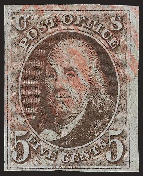 5c Red Brown, Brown, Dark Brown (1, 1a).> Four singles, attractive shades, clear to huge margins, one red grid, others blue cancels, Fine-Very Fine