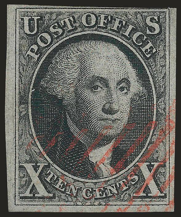 10c Black (2).> Three large margins, clear to almost touching at top, neat New York red square grid cancel mostly face-free, Fine and attractive